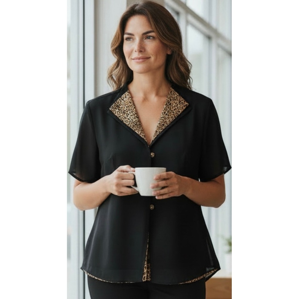 Dany Nicole Black Leopard Print Lined Short Sleeve Blazer Jacket Women Size 16